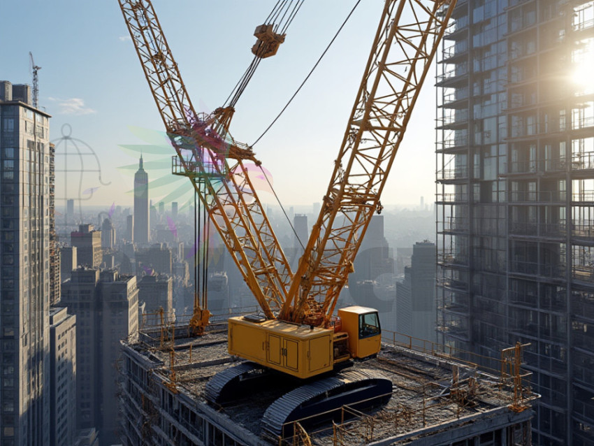 Visual of work done with a crane at the construction site - crane fly